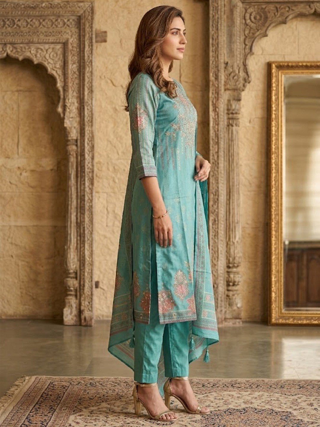 Turquoise Shimmer Straight Kurta Set with Dupatta Elegant Festive Ethnic Wear
