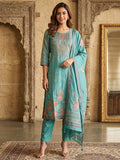Turquoise Shimmer Straight Kurta Set with Dupatta Elegant Festive Ethnic Wear