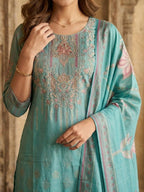 Turquoise Shimmer Straight Kurta Set with Dupatta Elegant Festive Ethnic Wear