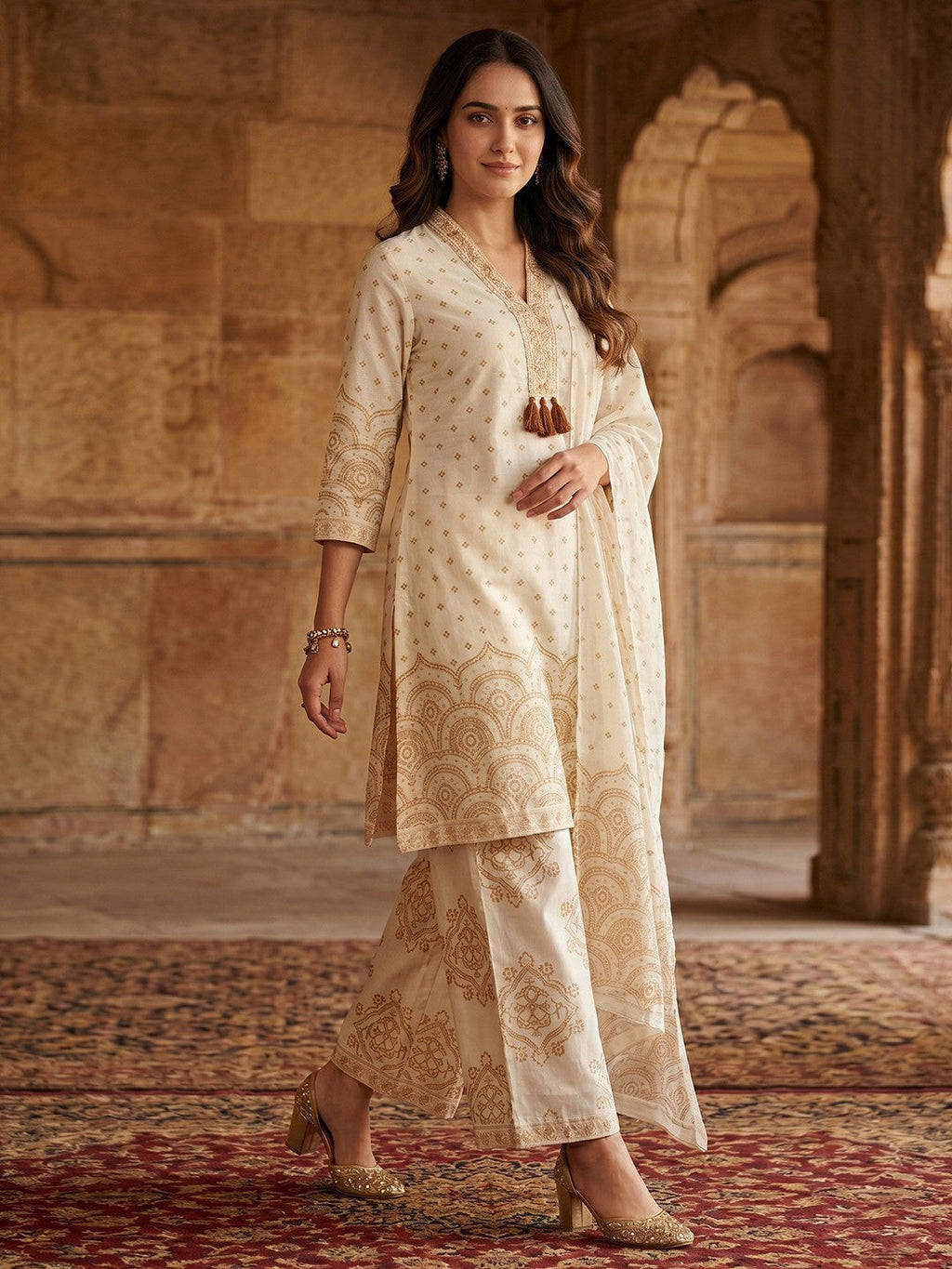 Off White & Rust Pure Cotton Salwar Suit with Printed Design and Matching Dupatta Easy Fit Wear