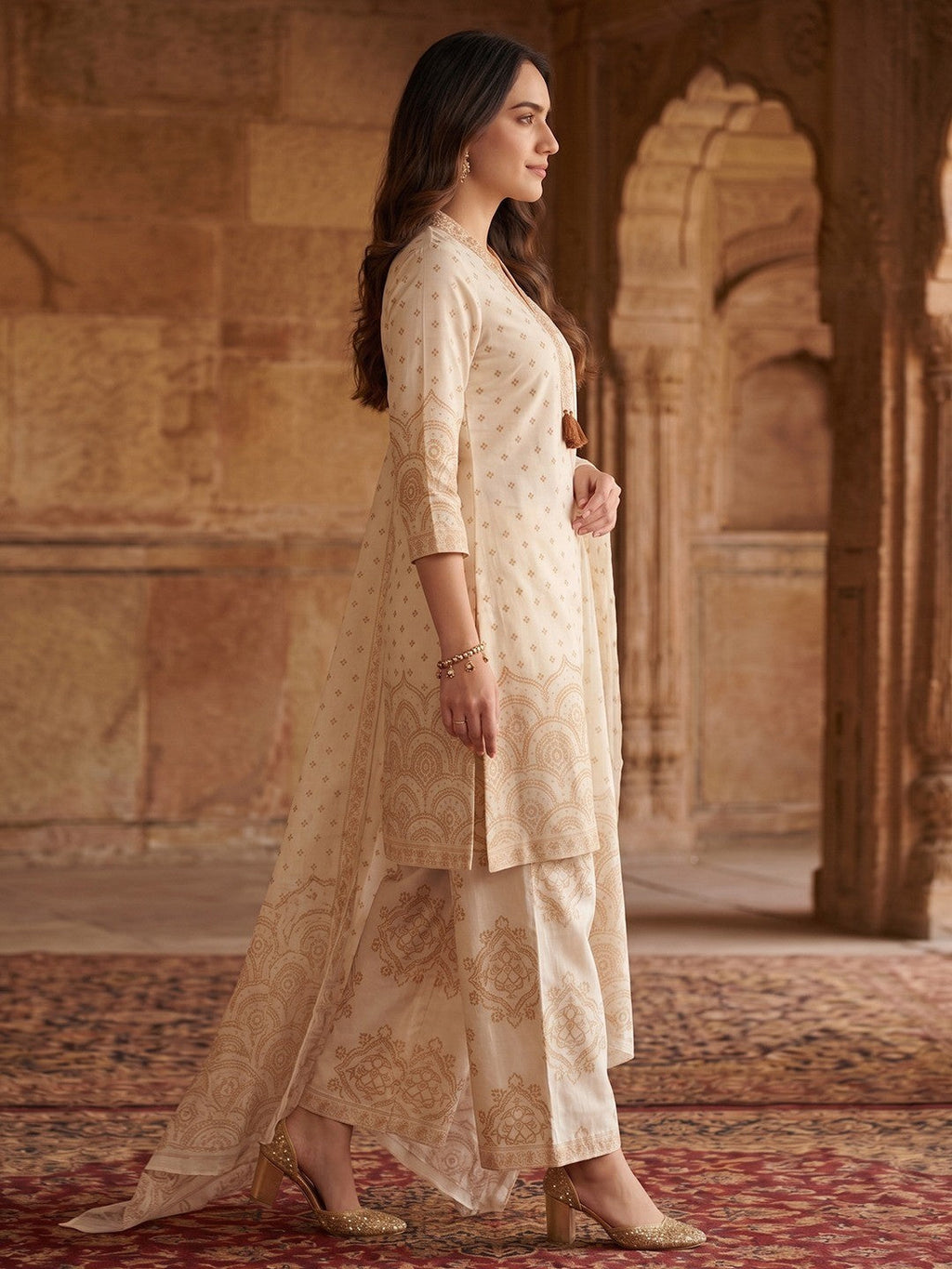 Off White & Rust Pure Cotton Salwar Suit with Printed Design and Matching Dupatta Easy Fit Wear
