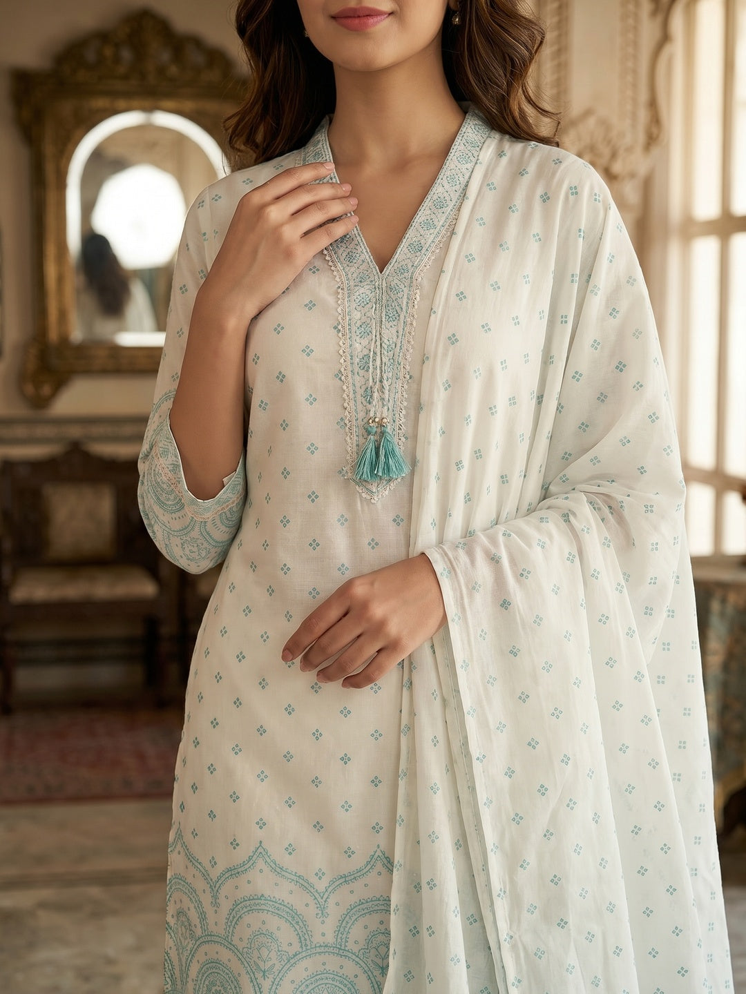 Off White & Blue Pure Cotton Salwar Suit with Printed Design and Matching Dupatta Easy Fit Wear