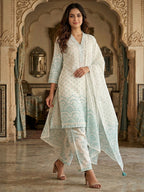 Off White & Blue Pure Cotton Salwar Suit with Printed Design and Matching Dupatta Easy Fit Wear
