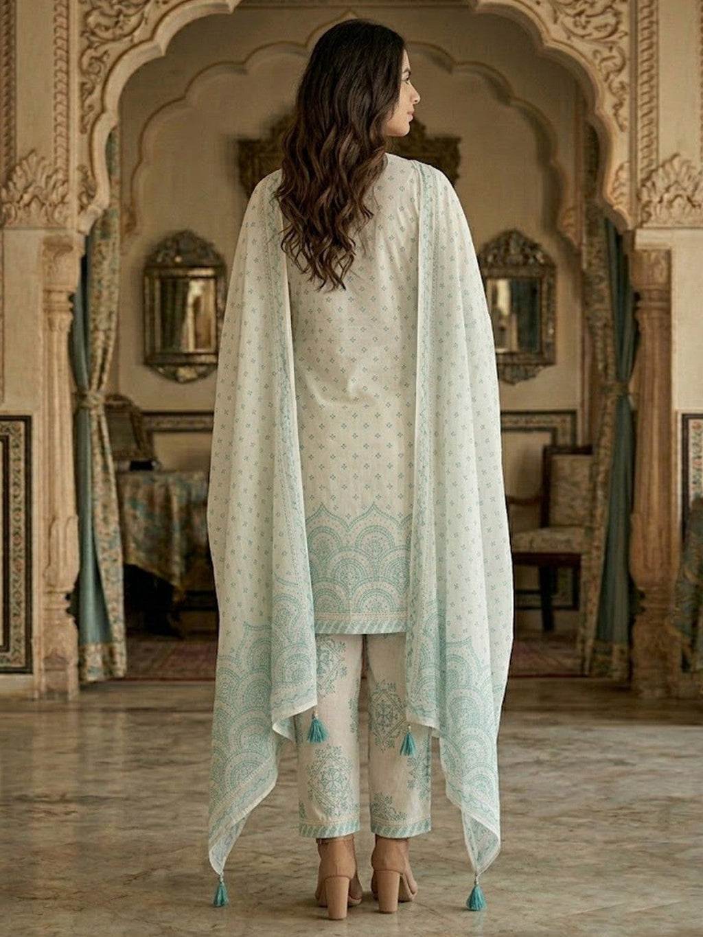 Off White & Blue Pure Cotton Salwar Suit with Printed Design and Matching Dupatta Easy Fit Wear