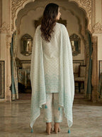 Off White & Blue Pure Cotton Salwar Suit with Printed Design and Matching Dupatta Easy Fit Wear