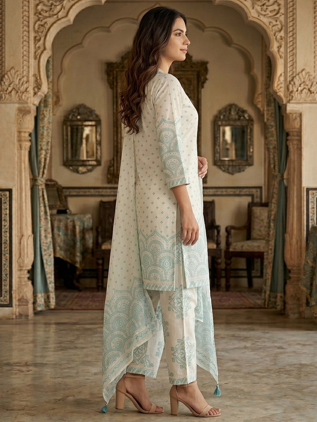 Off White & Blue Pure Cotton Salwar Suit with Printed Design and Matching Dupatta Easy Fit Wear