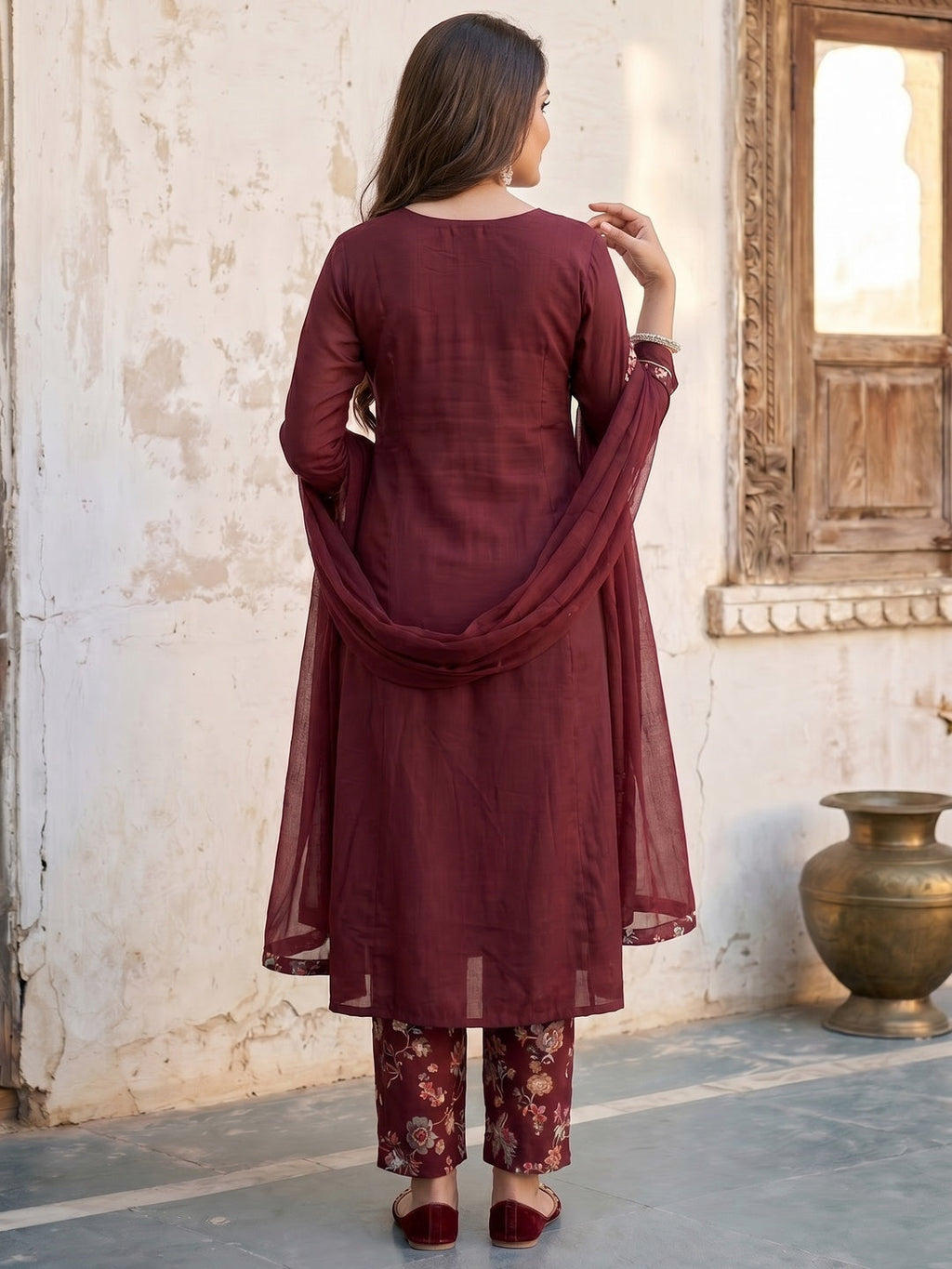 Elegant Maroon Viscose Embroidered Salwar Suit with Printed Palazzo