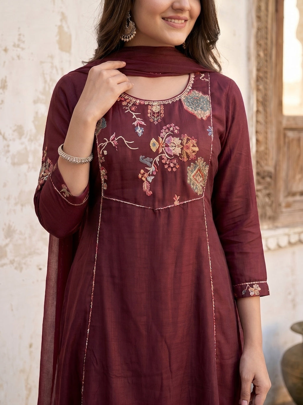 Elegant Maroon Viscose Embroidered Salwar Suit with Printed Palazzo