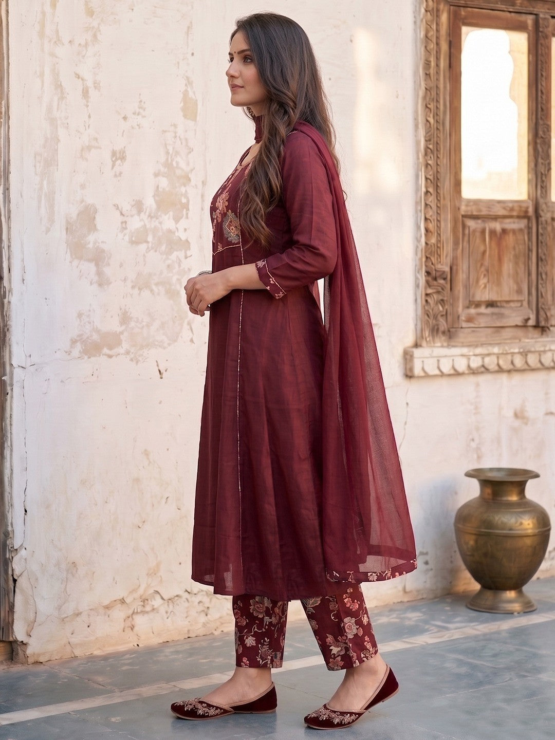 Elegant Maroon Viscose Embroidered Salwar Suit with Printed Palazzo