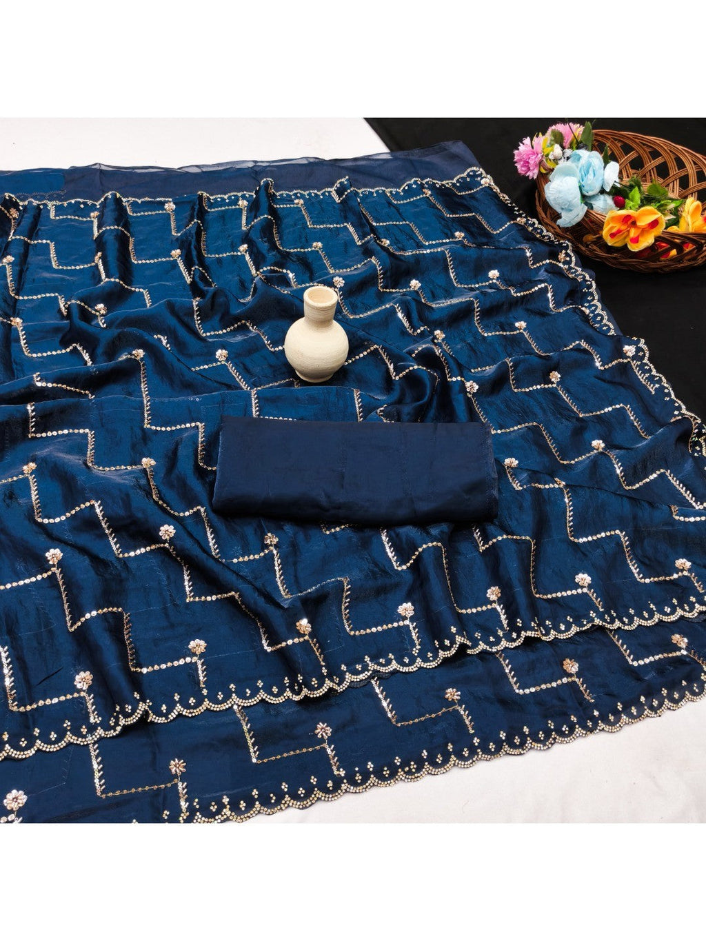 Graceful Blue Sequins With Detailed Beads & Stone Work Organza Satin Silk Saree