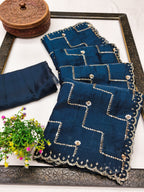 Graceful Blue Sequins With Detailed Beads & Stone Work Organza Satin Silk Saree