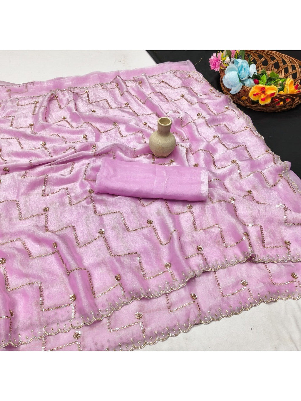 Graceful Pink Sequins With Detailed Beads & Stone Work Organza Satin Silk Saree