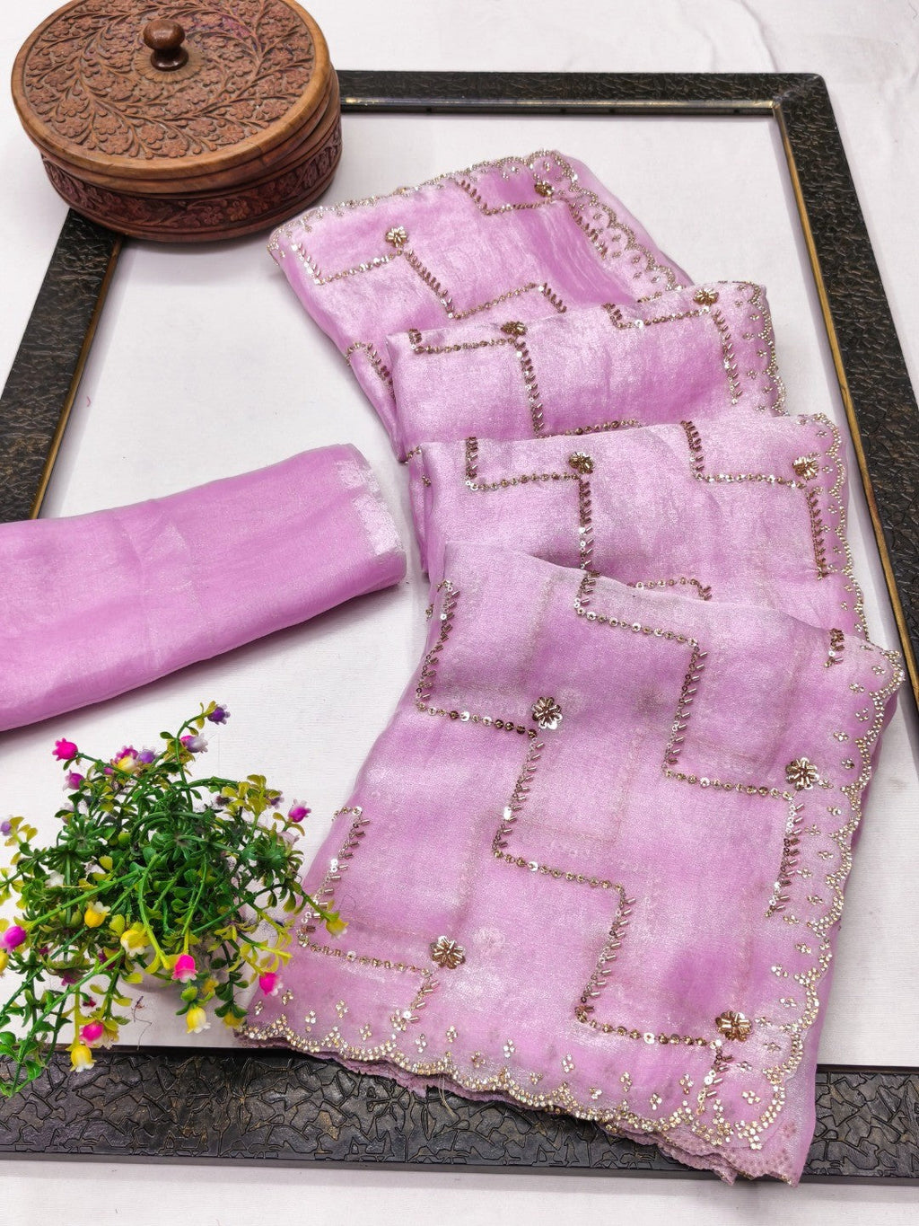 Graceful Pink Sequins With Detailed Beads & Stone Work Organza Satin Silk Saree