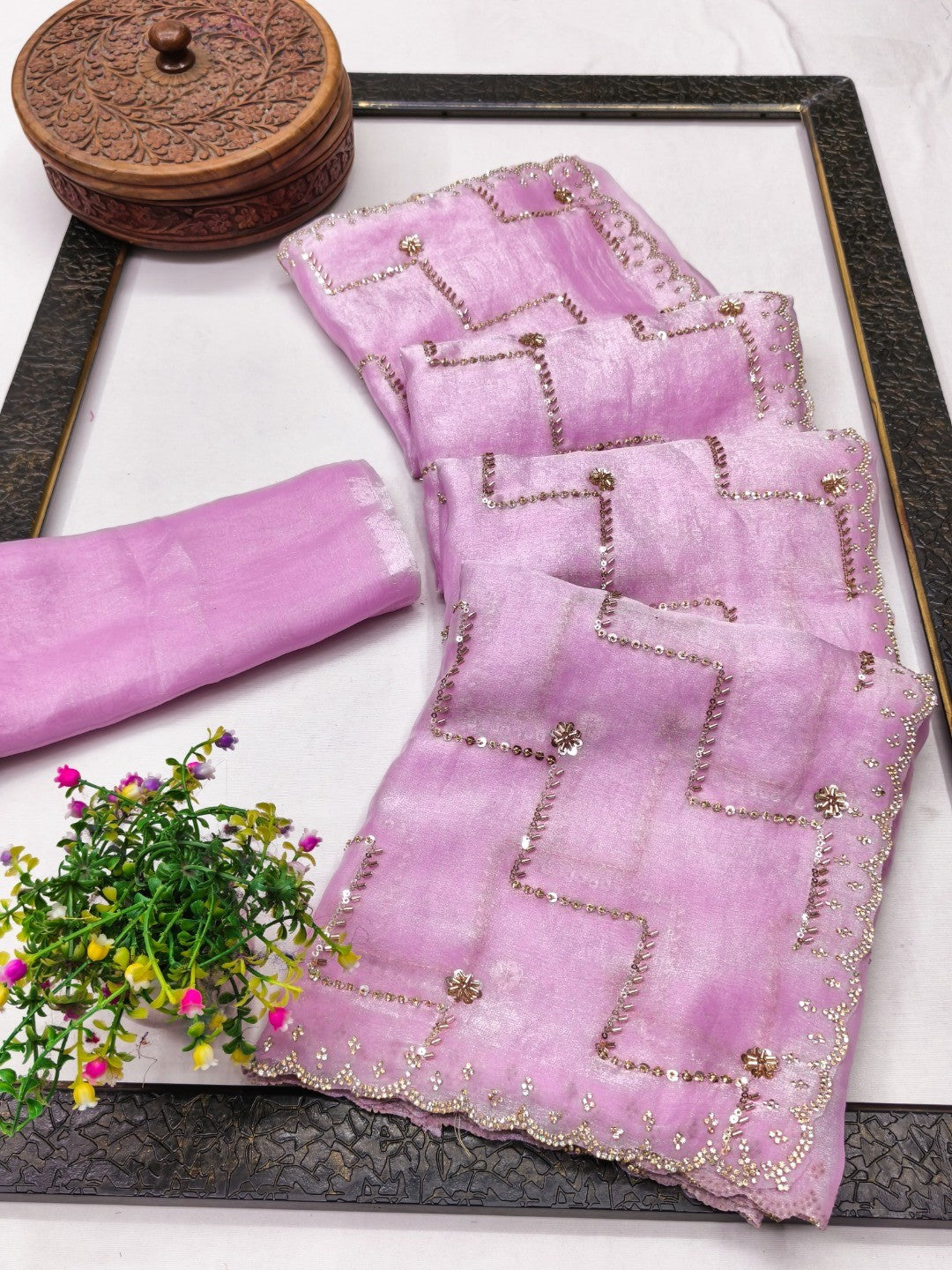 Graceful Pink Sequins With Detailed Beads & Stone Work Organza Satin Silk Saree