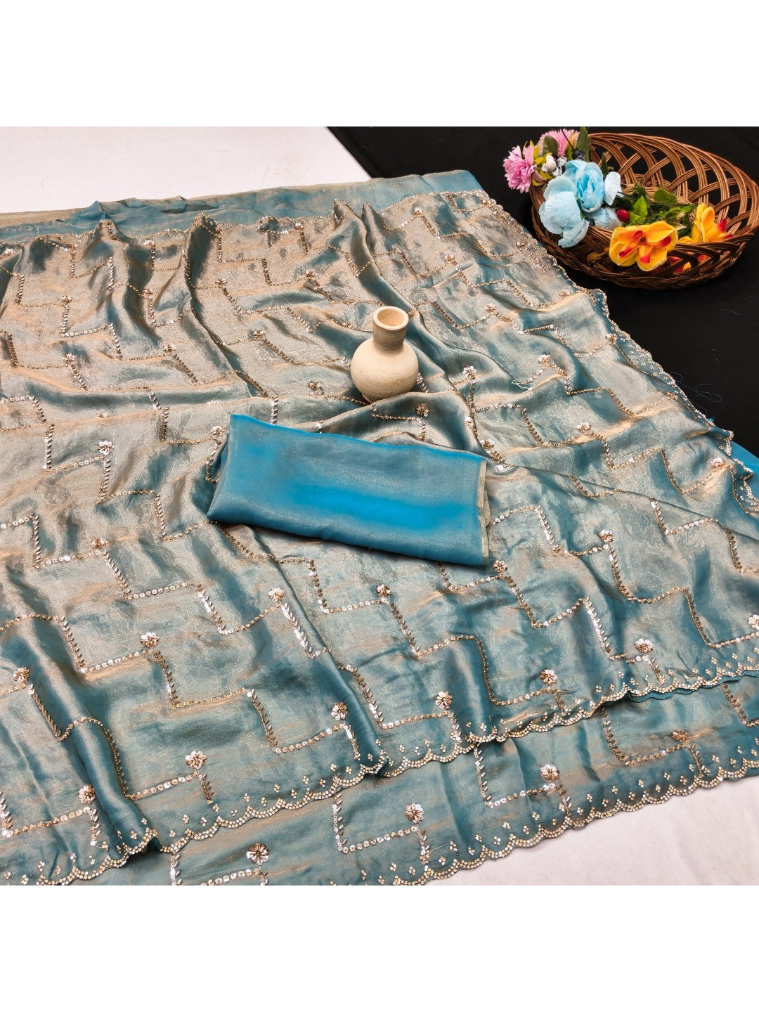 Graceful Turquoise Sequins With Detailed Beads & Stone Work Organza Satin Silk Saree
