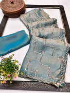 Graceful Turquoise Sequins With Detailed Beads & Stone Work Organza Satin Silk Saree