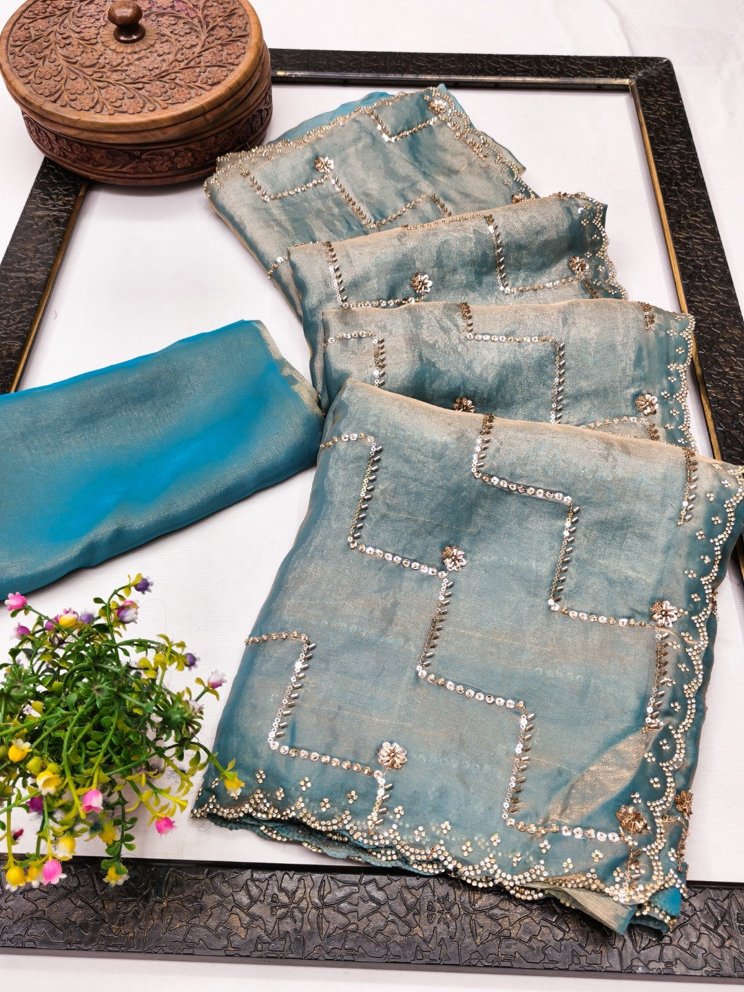 Graceful Turquoise Sequins With Detailed Beads & Stone Work Organza Satin Silk Saree