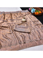Graceful Chikoo Sequins With Detailed Beads & Stone Work Organza Satin Silk Saree