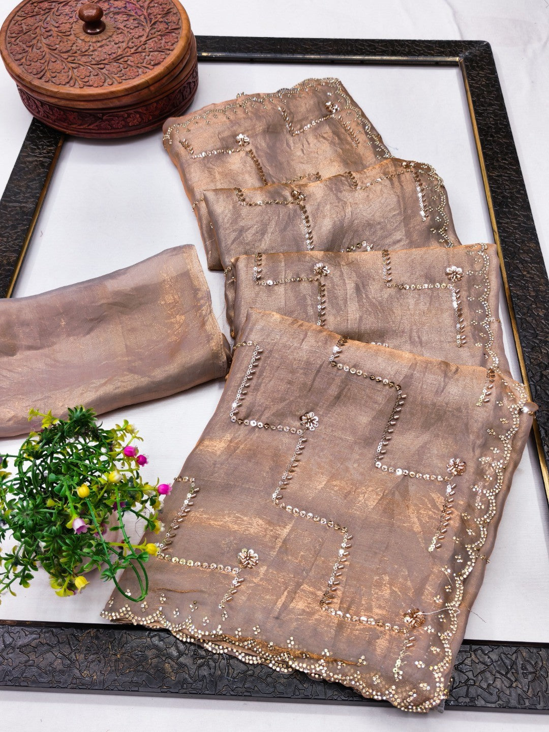 Graceful Chikoo Sequins With Detailed Beads & Stone Work Organza Satin Silk Saree
