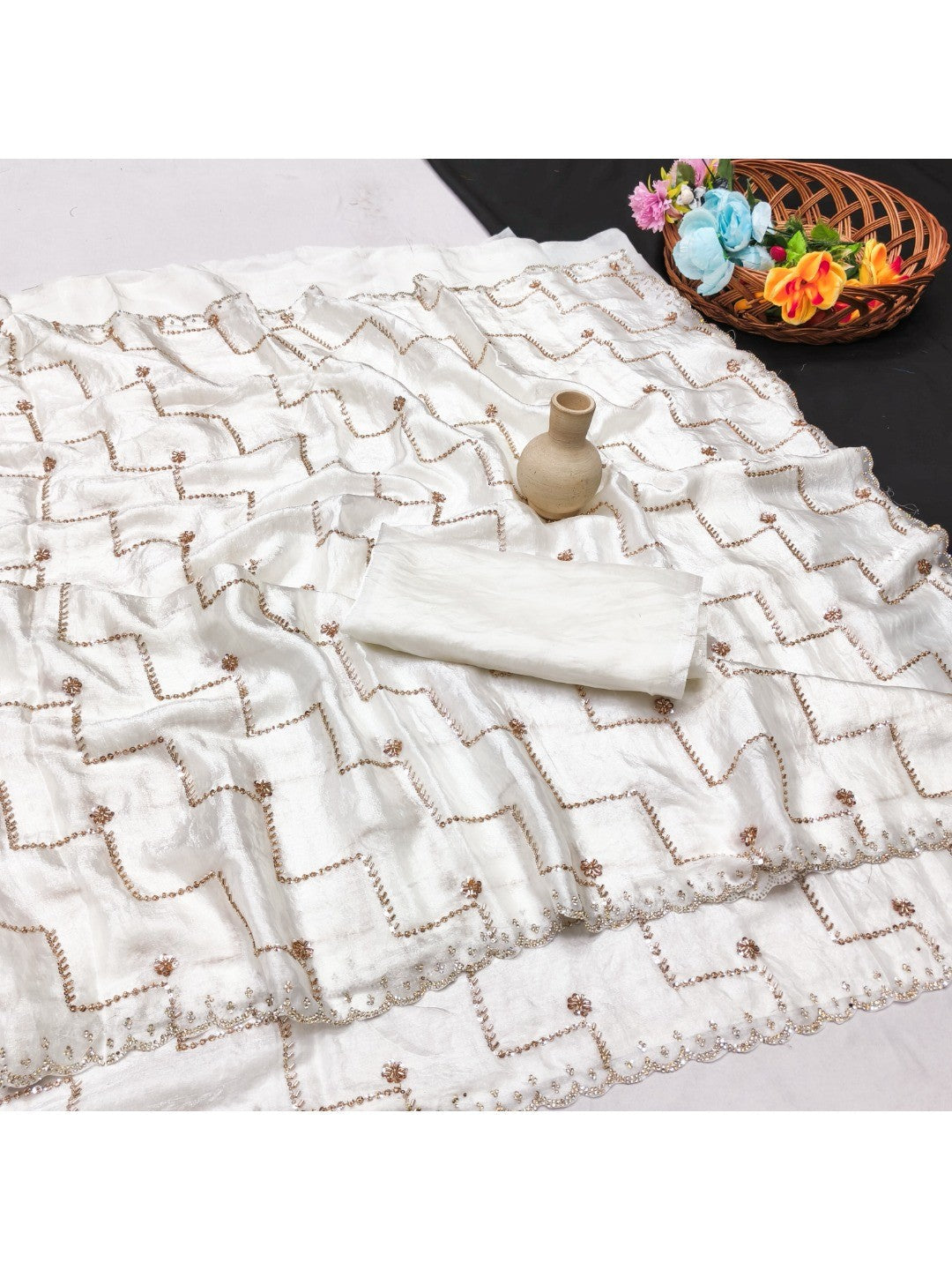 Graceful Offwhite Sequins With Detailed Beads & Stone Work Organza Satin Silk Saree