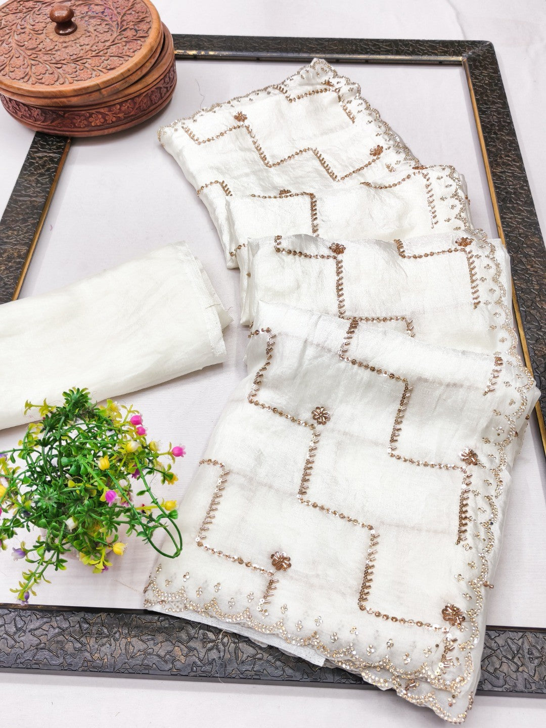 Graceful Offwhite Sequins With Detailed Beads & Stone Work Organza Satin Silk Saree