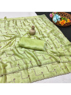 Graceful Green Sequins With Detailed Beads & Stone Work Organza Satin Silk Saree