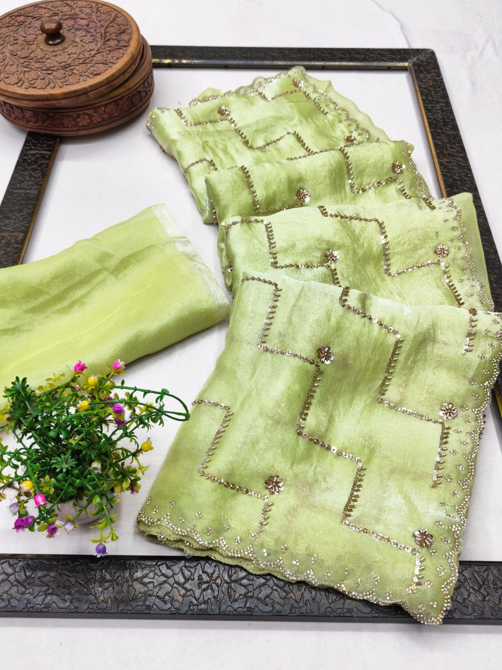 Graceful Green Sequins With Detailed Beads & Stone Work Organza Satin Silk Saree