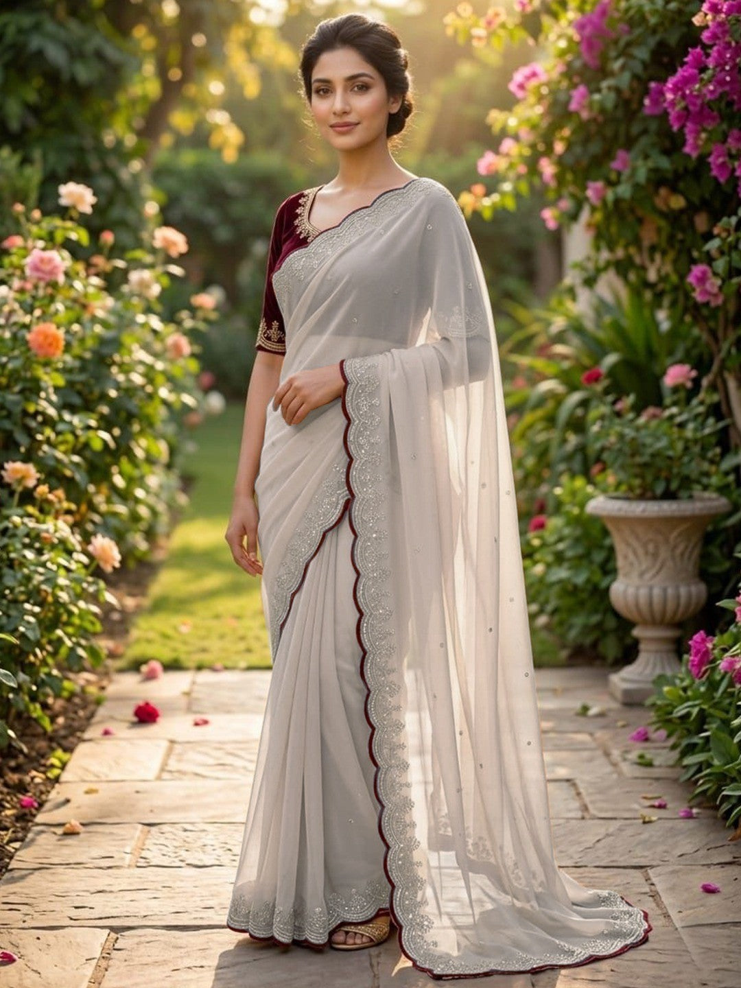Luxurious Cream Georgette Saree with Sequins Butti and Scalloped Border