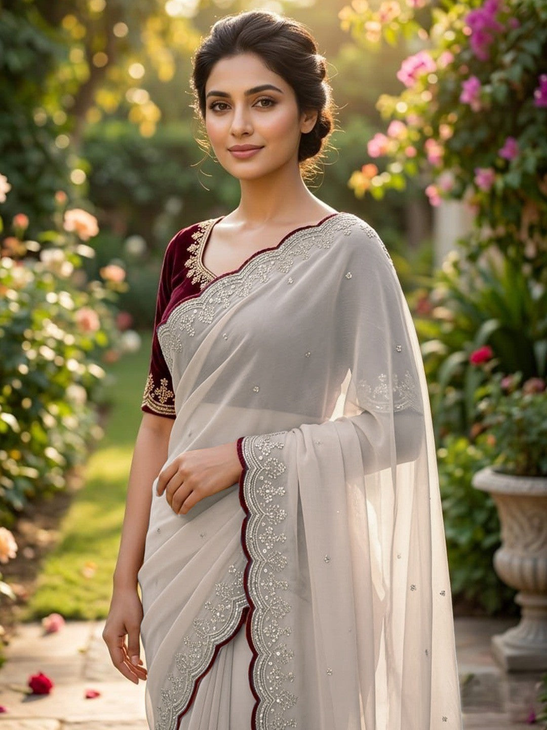 Luxurious Cream Georgette Saree with Sequins Butti and Scalloped Border