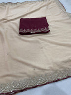 Luxurious Cream Georgette Saree with Sequins Butti and Scalloped Border