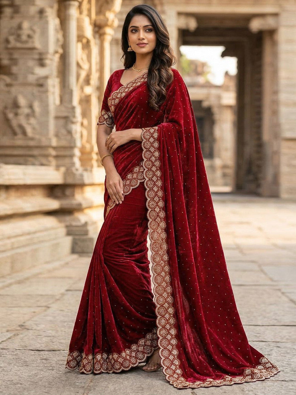 Graceful Maroon Silk Blend Saree Accented With Swarovski Stone Work & Delicate Lace Border