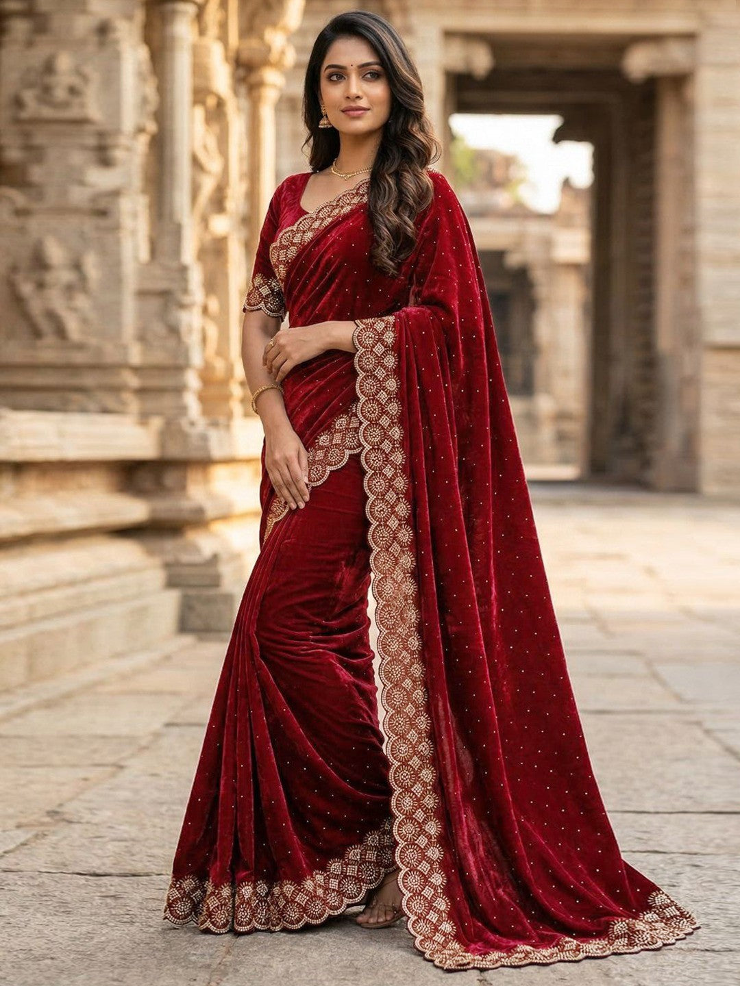 Graceful Maroon Silk Blend Saree Accented With Swarovski Stone Work & Delicate Lace Border