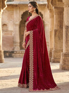 Graceful Maroon Silk Blend Saree Accented With Swarovski Stone Work & Delicate Lace Border