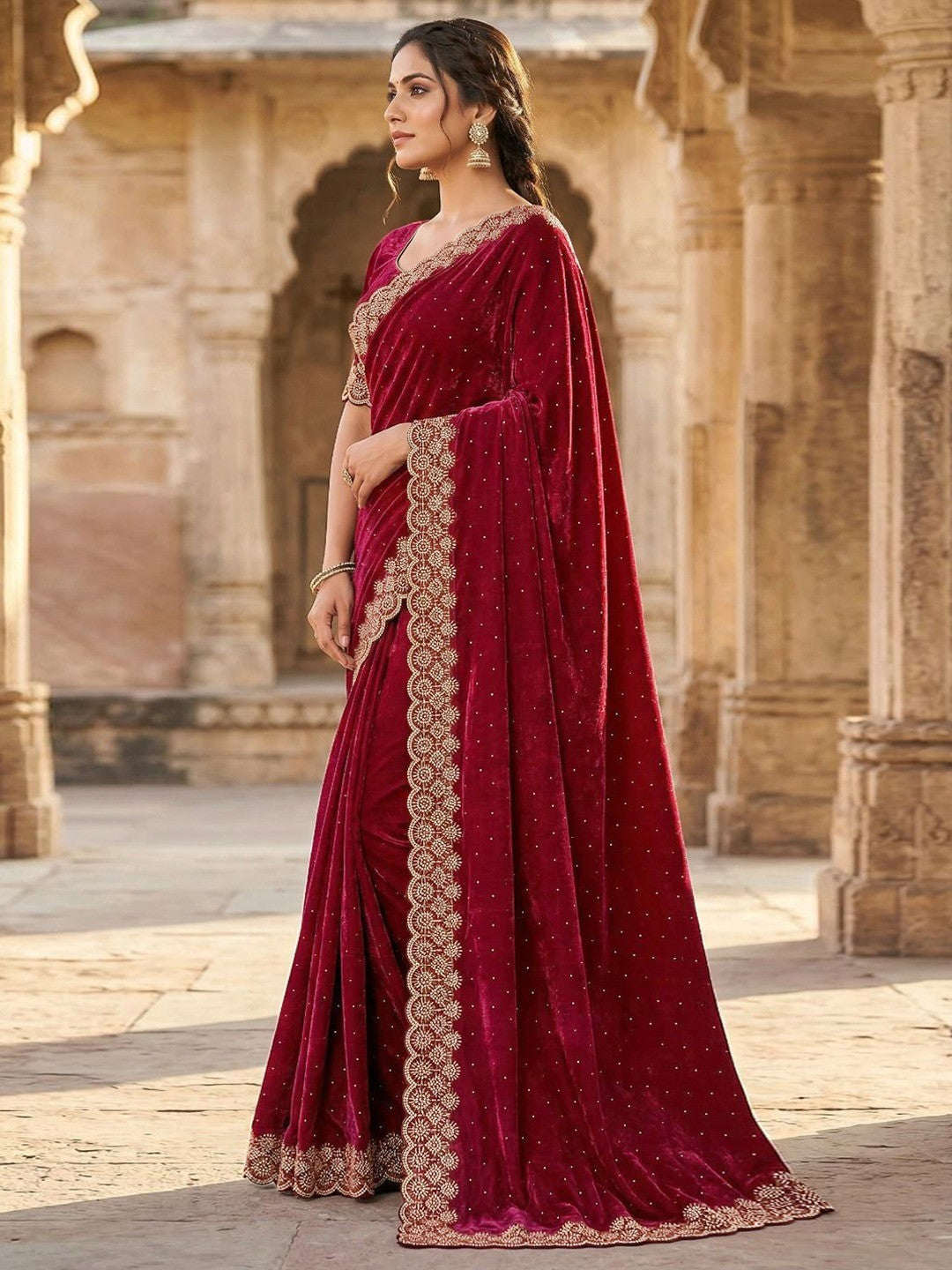 Graceful Maroon Silk Blend Saree Accented With Swarovski Stone Work & Delicate Lace Border