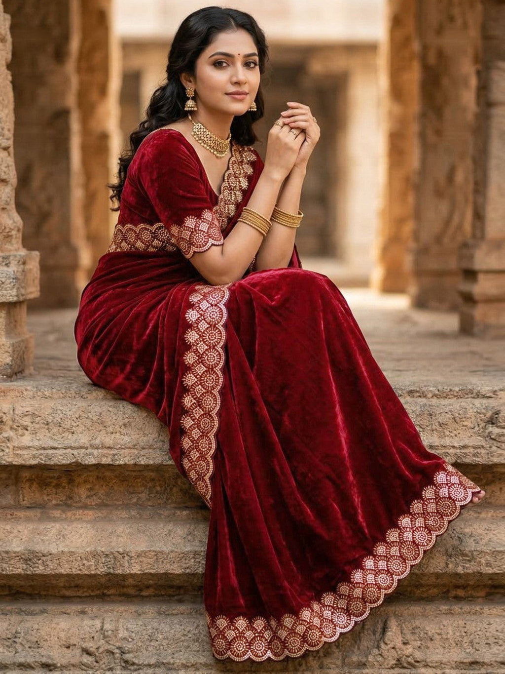 Graceful Maroon Silk Blend Saree Accented With Swarovski Stone Work & Delicate Lace Border