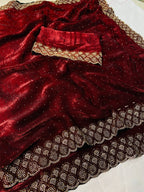 Graceful Maroon Silk Blend Saree Accented With Swarovski Stone Work & Delicate Lace Border