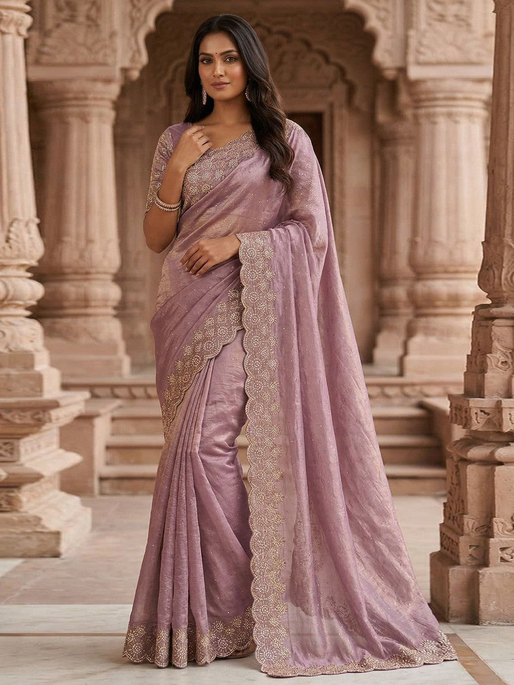 Graceful Mauve Silk Blend Saree Accented With Swarovski Stone Work & Delicate Lace Border