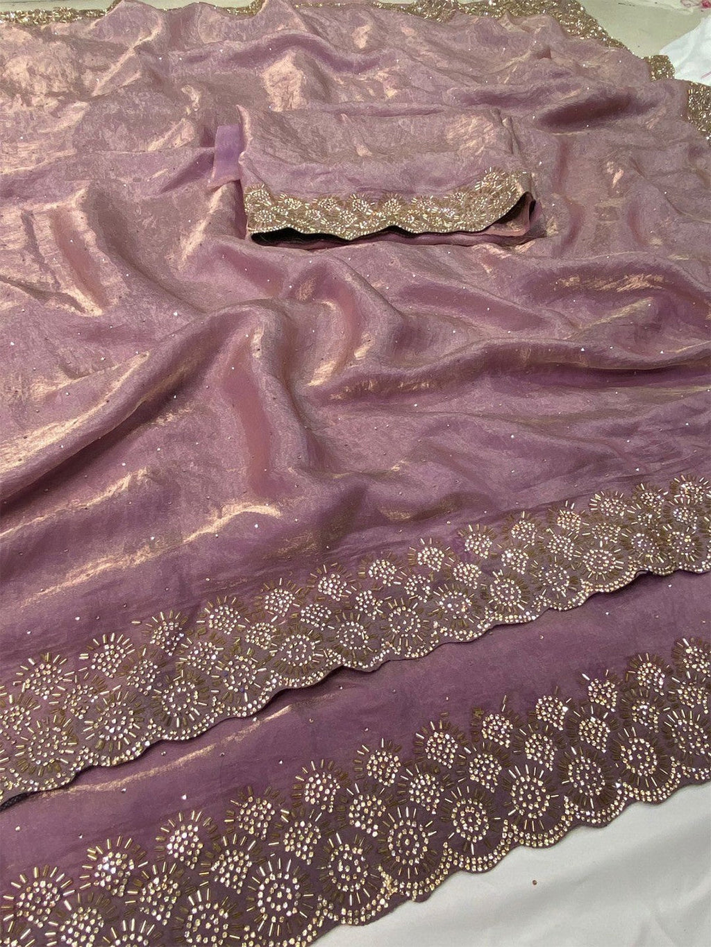 Graceful Mauve Silk Blend Saree Accented With Swarovski Stone Work & Delicate Lace Border