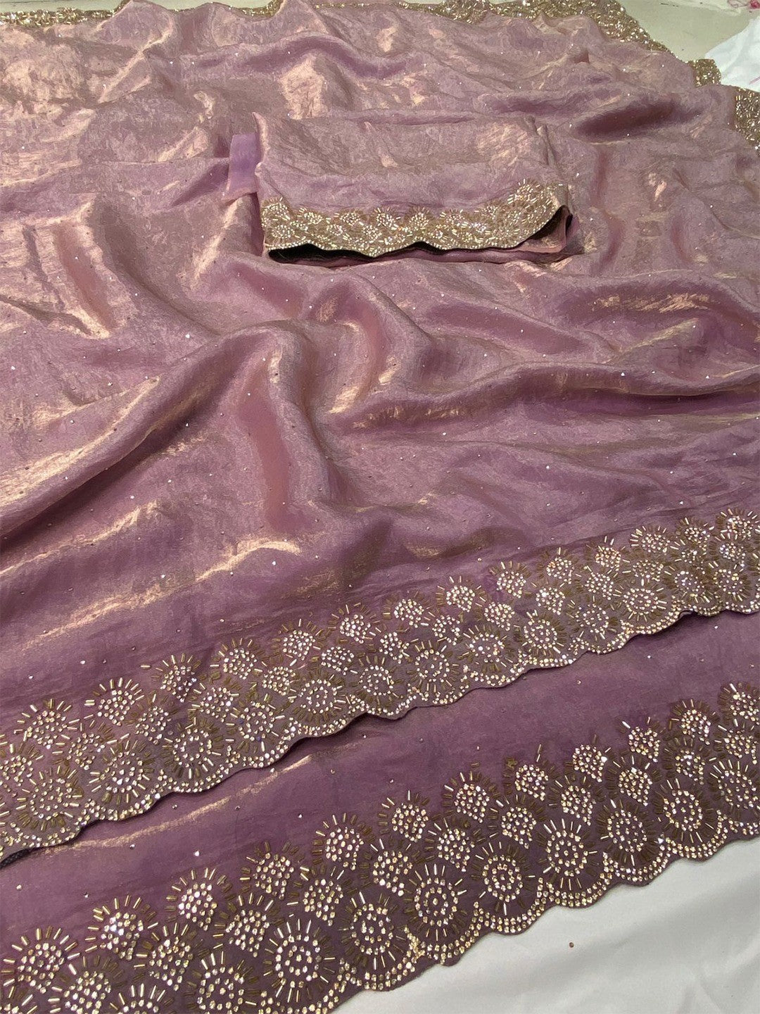 Graceful Mauve Silk Blend Saree Accented With Swarovski Stone Work & Delicate Lace Border
