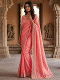 Graceful Peach Silk Blend Saree Accented With Swarovski Stone Work & Delicate Lace Border