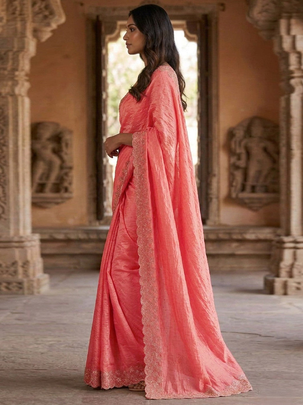 Graceful Peach Silk Blend Saree Accented With Swarovski Stone Work & Delicate Lace Border