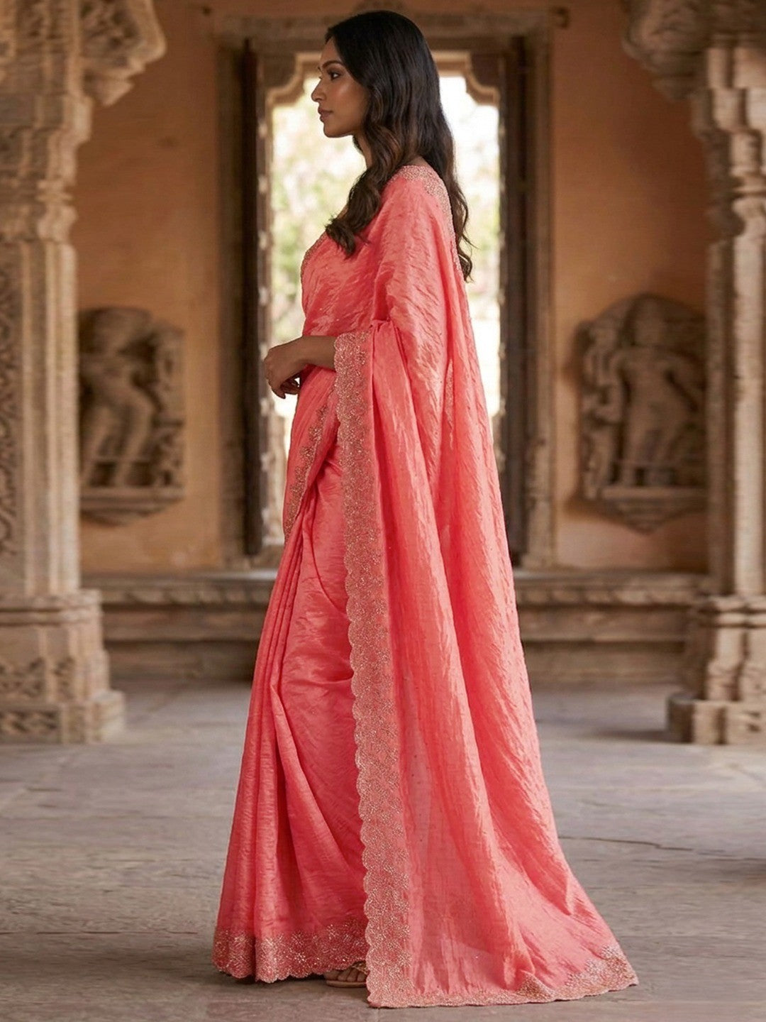 Graceful Peach Silk Blend Saree Accented With Swarovski Stone Work & Delicate Lace Border
