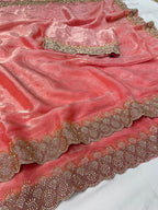 Graceful Peach Silk Blend Saree Accented With Swarovski Stone Work & Delicate Lace Border