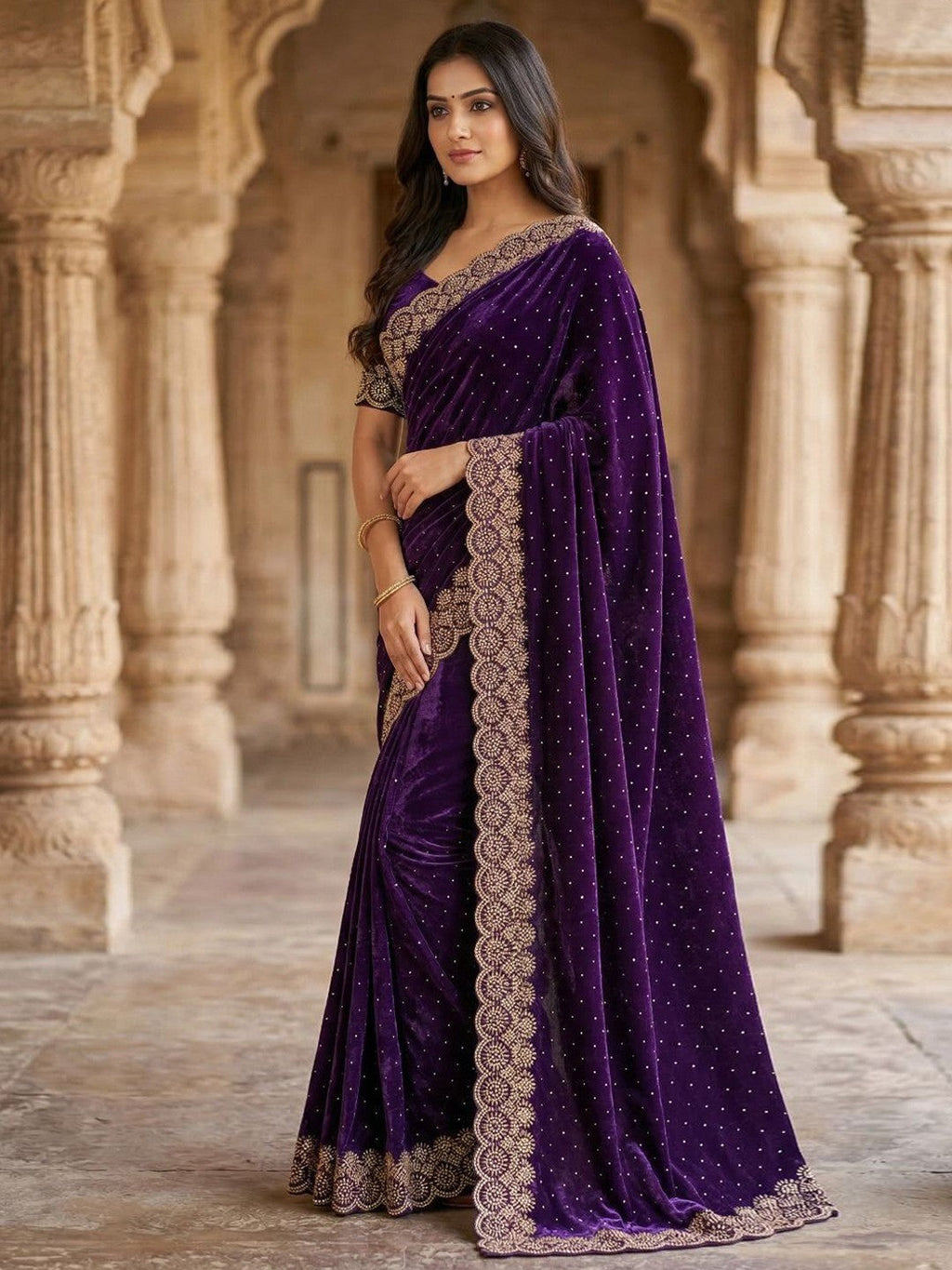 Graceful Purple Silk Blend Saree Accented With Swarovski Stone Work & Delicate Lace Border