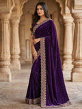 Graceful Purple Silk Blend Saree Accented With Swarovski Stone Work & Delicate Lace Border