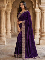 Graceful Purple Silk Blend Saree Accented With Swarovski Stone Work & Delicate Lace Border