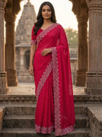 Graceful Rani Pink Silk Blend Saree Accented With Swarovski Stone Work & Delicate Lace Border