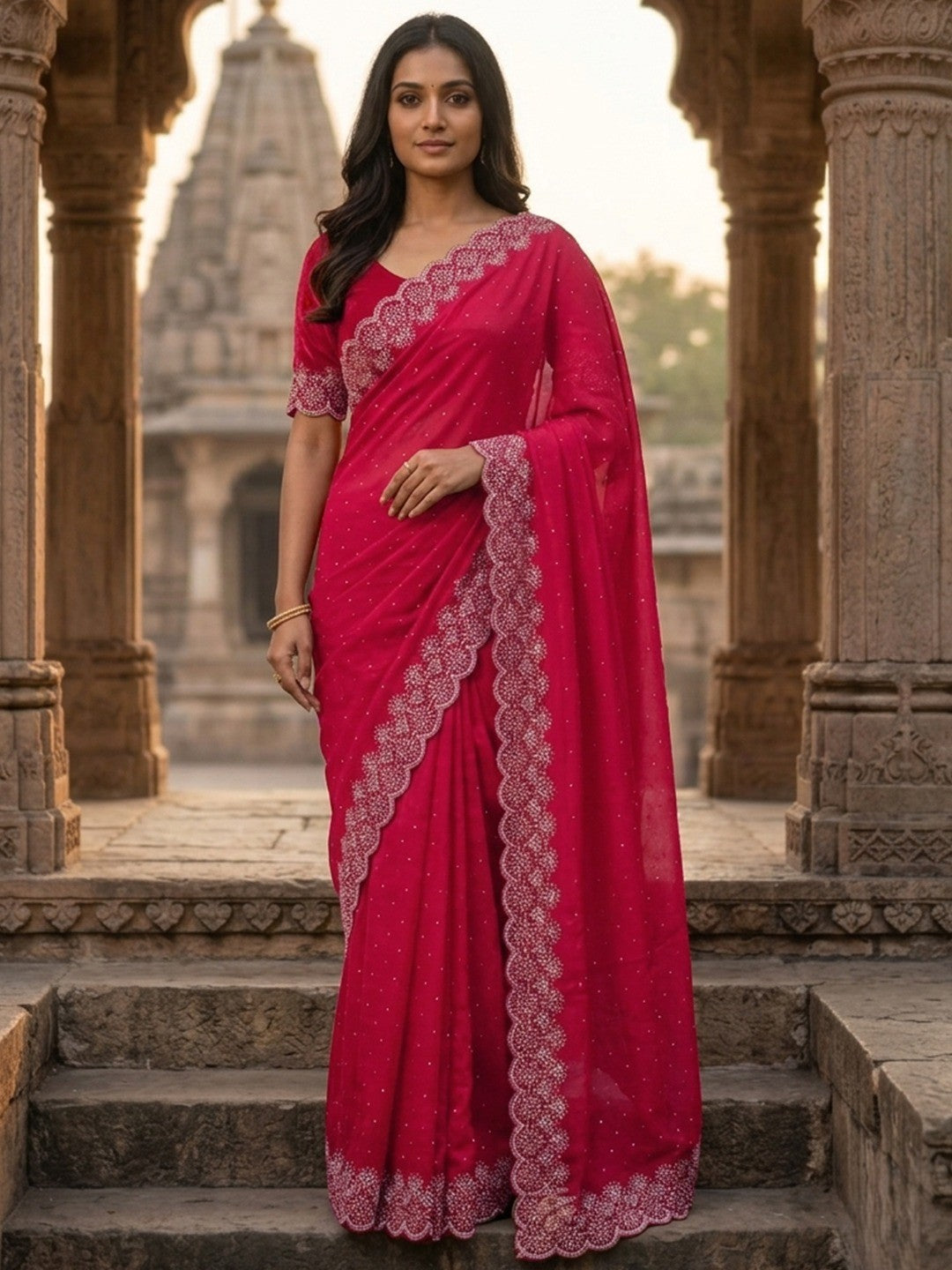 Graceful Rani Pink Silk Blend Saree Accented With Swarovski Stone Work & Delicate Lace Border