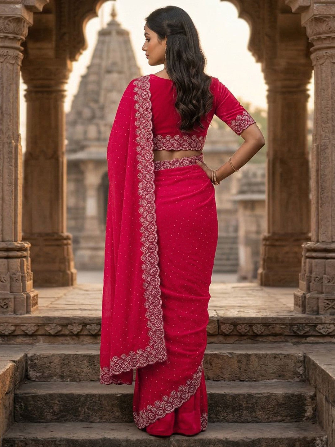 Graceful Rani Pink Silk Blend Saree Accented With Swarovski Stone Work & Delicate Lace Border