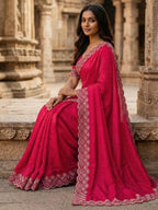 Graceful Rani Pink Silk Blend Saree Accented With Swarovski Stone Work & Delicate Lace Border